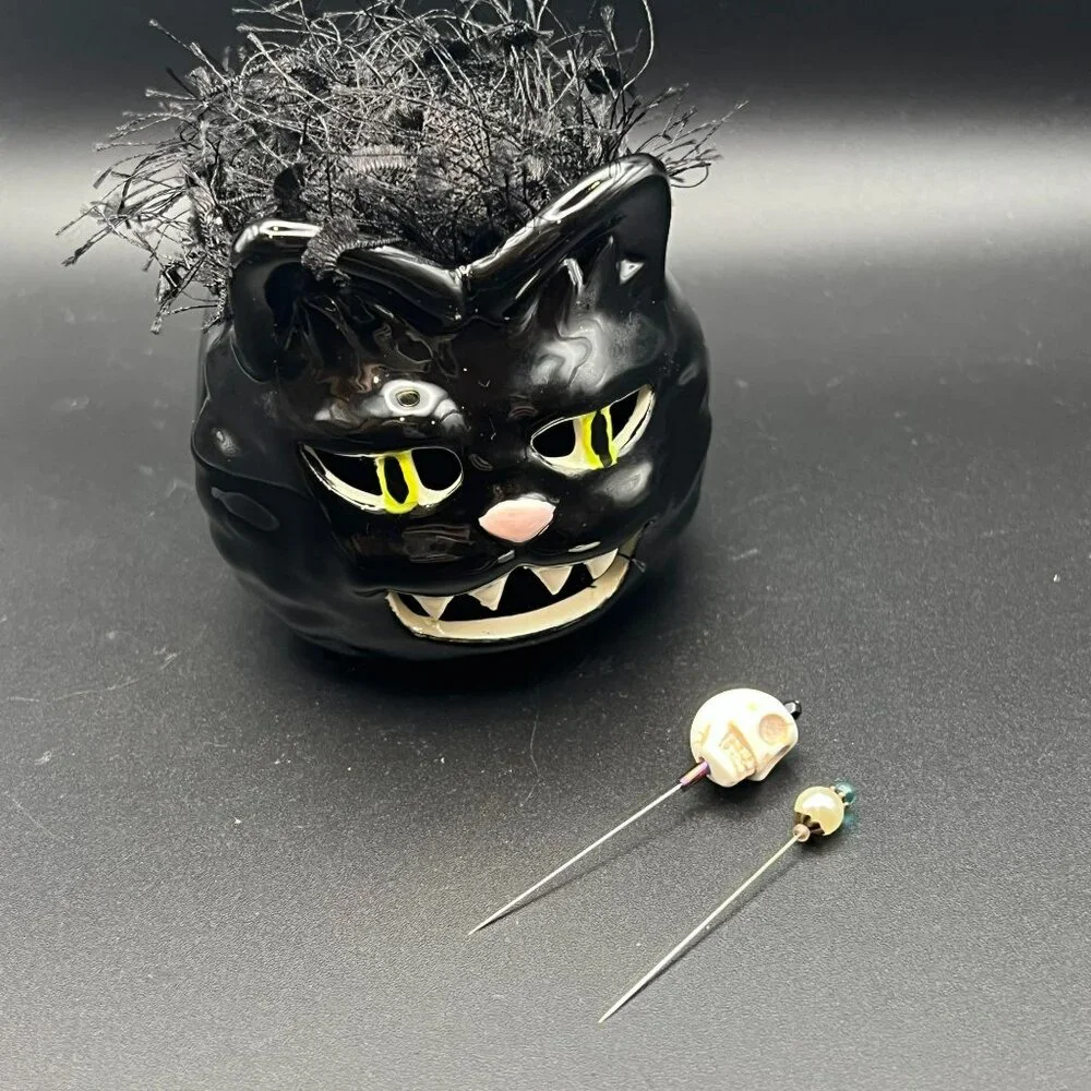 Ceramic Fierce Black Cat Pin‎ Cushion ~ Planter Pot Upcycled ~ Fun!